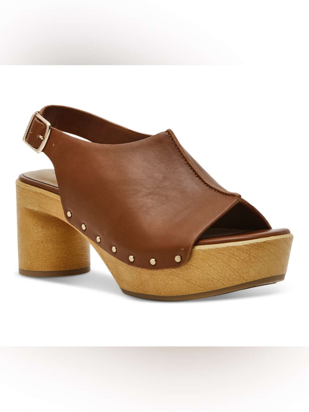 Wild Pair- Evelynn Studded Women's Brown Leather Platform Slingback Clog Sandals